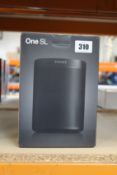 A Sonos One SL Speaker in black.