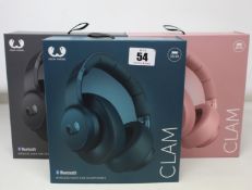 Three boxes fresh and rebel clam anc Bluetooth over-ear headphones.