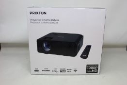 A boxed sealed Prixton Cinema Deluxe projector compatible with 1080 full HD.