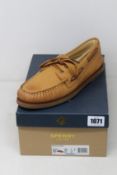A pair of as new Sperry Gold Cup A/O two-eye boat shoes in tan (UK 10).