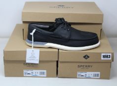 Three pairs of as new Sperry A/O Plushwave 2.0 boat shoes in black (1 x UK 8, 2 x UK 9).