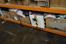 Five boxes of as new clothing and related items and a quantity of pink duffle bags.