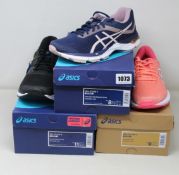 Three pairs of as new Asics trainers; women's Gel-Glyde 3 (UK 7), women's Gel-Zone 7 (UK 6.50 and