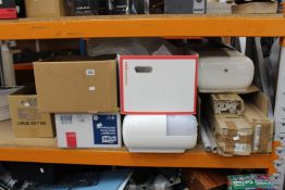 A quantity of Philips tube light bulbs, CFL square tube lights and Tork hand towel dispensers.