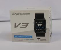 A boxed as new Shot Scope V3 Black Golf GPS + Performance tracking watch with 16 tracking tags
