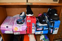 Five pairs of assorted as new Skechers footwear.