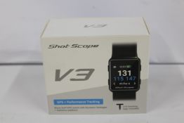 A boxed as new Shot Scope V3 Black Golf GPS + Performance tracking watch with 16 tracking tags
