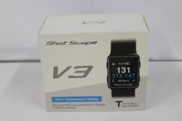 A boxed as new Shot Scope V3 Black Golf GPS + Performance tracking watch with 16 tracking tags