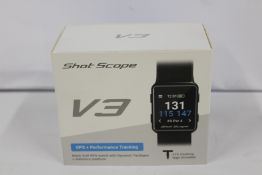 A boxed as new Shot Scope V3 Black Golf GPS + Performance tracking watch with 16 tracking tags