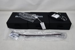 Three gents assorted as new Hugo Boss bracelets; brown leather bracelet 1580149M (RRP £69), chain