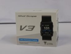 A boxed as new Shot Scope V3 Black Golf GPS + Performance tracking watch with 16 tracking tags