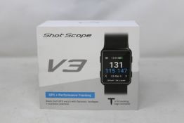 A boxed as new Shot Scope V3 Black Golf GPS + Performance tracking watch with 16 tracking tags