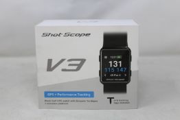A boxed as new Shot Scope V3 Black Golf GPS + Performance tracking watch with 16 tracking tags