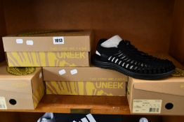 Four pairs of men's as new Keen Uneek sandals (1 x UK 7, 3 x UK 10).