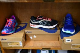 Three pairs of women's as new Asics trainers; Gel-Noostra Tri 11 (UK 5), Gel-Excite 8 (UK6.5) and