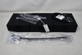 Three gents assorted as new Hugo Boss bracelets; brown leather bracelet 1580149M (RRP £69), chain