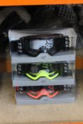 Three pairs of as new Fox Air Space Roll Off System goggles (Three assorted colours).