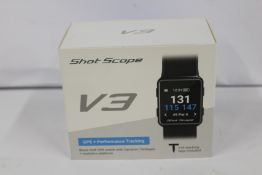 A boxed as new Shot Scope V3 Black Golf GPS + Performance tracking watch with 16 tracking tags
