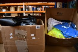 A box of as new shoes/trainers (Various sizes) and a box of as new t-shirts (Various sizes).