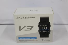 A boxed as new Shot Scope V3 Black Golf GPS + Performance tracking watch with 16 tracking tags