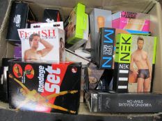A box of assorted adult outfits, adult toys and related items (Over 18s only).