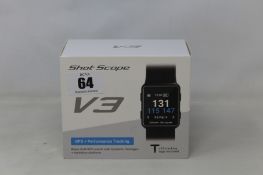 A boxed as new Shot Scope V3 Black Golf GPS + Performance tracking watch with 16 tracking tags