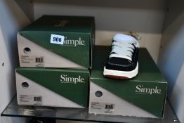 Three pairs of as new Simple OS sneakers (UK 5, 7, 10).