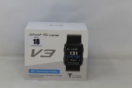 A boxed as new Shot Scope V3 Black Golf GPS + Performance tracking watch with 16 tracking tags