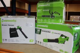 Three Greenworks garden power tools to include: Greenworks 24V cordless chainsaw, Greenworks 48V