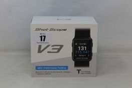 A boxed as new Shot Scope V3 Black Golf GPS + Performance tracking watch with 16 tracking tags