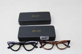 Two pairs of as new Joiuss cat eye glasses; Lana and Maryloo (With prescription lenses).