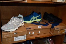 Three pairs of as new Asics trainers; Netburner Ballistic FF MT 2 (UK 9), GT-2000 8 (UK 6) and