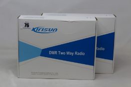 Two boxed as new Kirisun DP-405 DMR two-way handheld radios, two KB-760B li-ion 2000mAh batteries