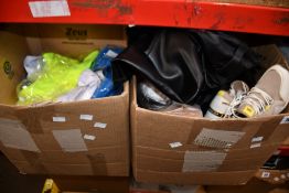 A box of as new shoes/trainers (Various sizes) and a box of as new T-shirts (Various sizes).