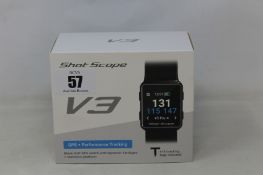A boxed as new Shot Scope V3 Black Golf GPS + Performance tracking watch with 16 tracking tags