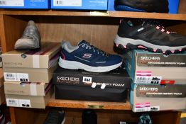 Five pairs of assorted as new Skechers footwear.