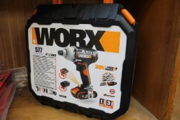 An as new Worx WX291 6.35mm 20v cordless impact driver (Comes with battery and charger).