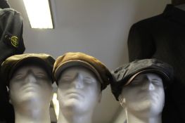 An as new Stetson Burnley leather Baker Boy cap, Sixpence flat cap and Hatteras waxed cap.