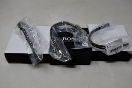 Three men's assorted as new Hugo Boss bracelets; brown leather bracelet 1580149M (RRP £69), chain