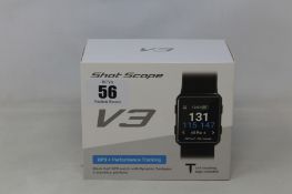 A boxed as new Shot Scope V3 Black Golf GPS + Performance tracking watch with 16 tracking tags