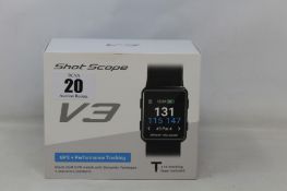 A boxed as new Shot Scope V3 Black Golf GPS + Performance tracking watch with 16 tracking tags