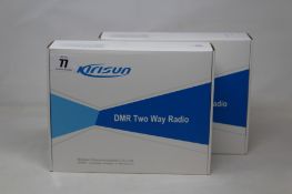 Two boxed as new Kirisun DP-405 DMR two-way handheld radios, two KB-760B li-ion 2000mAh batteries