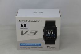 A boxed as new Shot Scope V3 Black Golf GPS + Performance tracking watch with 16 tracking tags