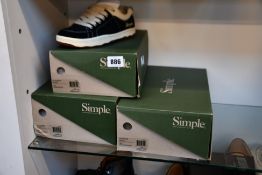 Three pairs of as new Simple OS sneakers (UK 5, 7,10).
