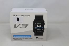 A boxed as new Shot Scope V3 Black Golf GPS + Performance tracking watch with 16 tracking tags