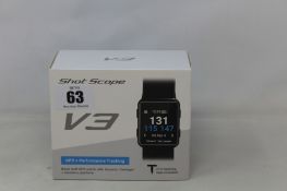 A boxed as new Shot Scope V3 Black Golf GPS + Performance tracking watch with 16 tracking tags