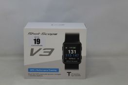 A boxed as new Shot Scope V3 Black Golf GPS + Performance tracking watch with 16 tracking tags