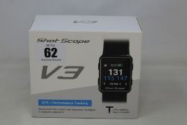 A boxed as new Shot Scope V3 Black Golf GPS + Performance tracking watch with 16 tracking tags
