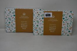 Forty boxed Grace and Evergreen washable and reusable makeup remover pads.