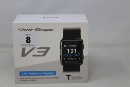 A boxed as new Shot Scope V3 Black Golf GPS + Performance tracking watch with 16 tracking tags